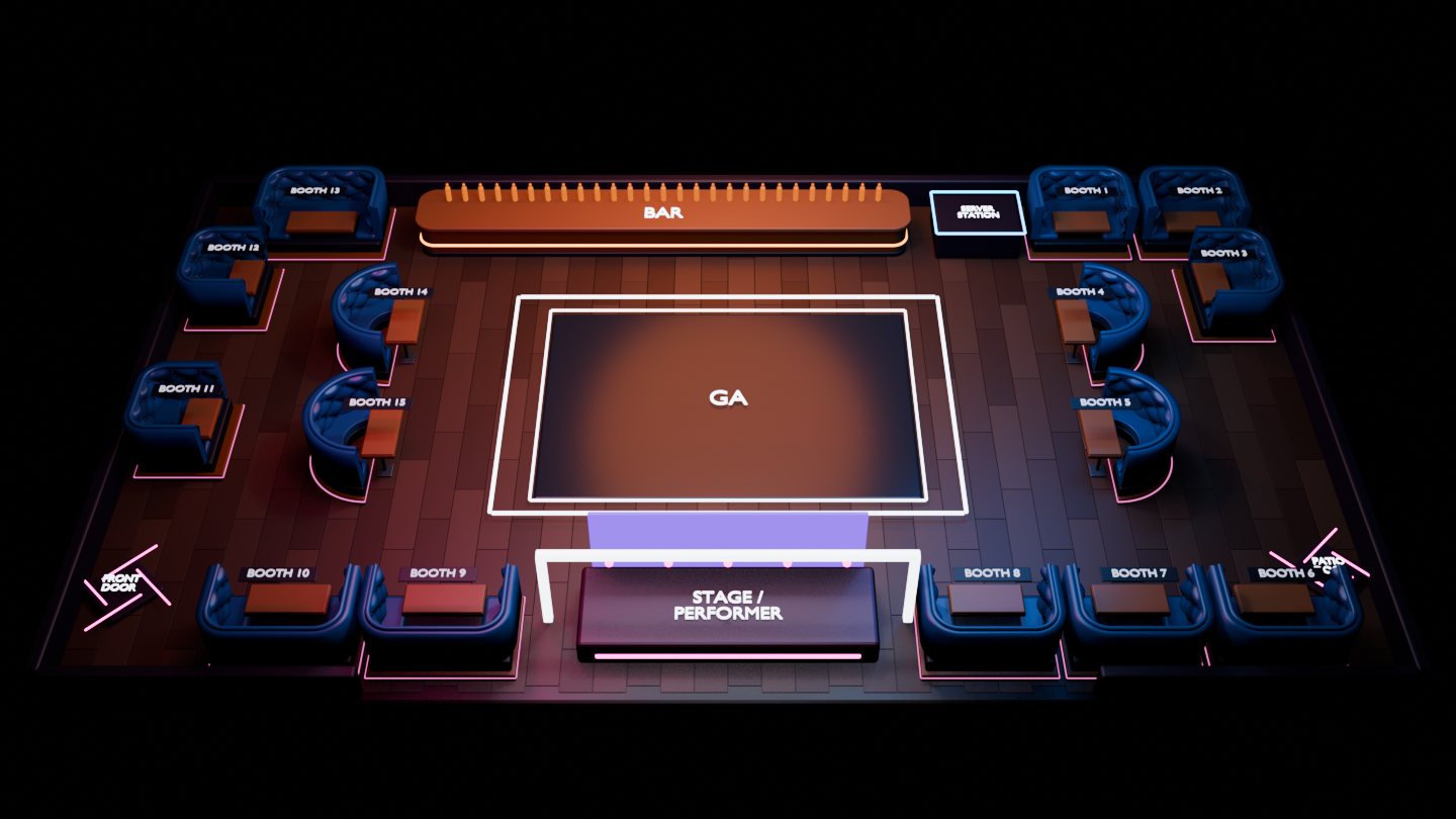3D overview of Club Chako's booths, bar, general admission floor, and stage
